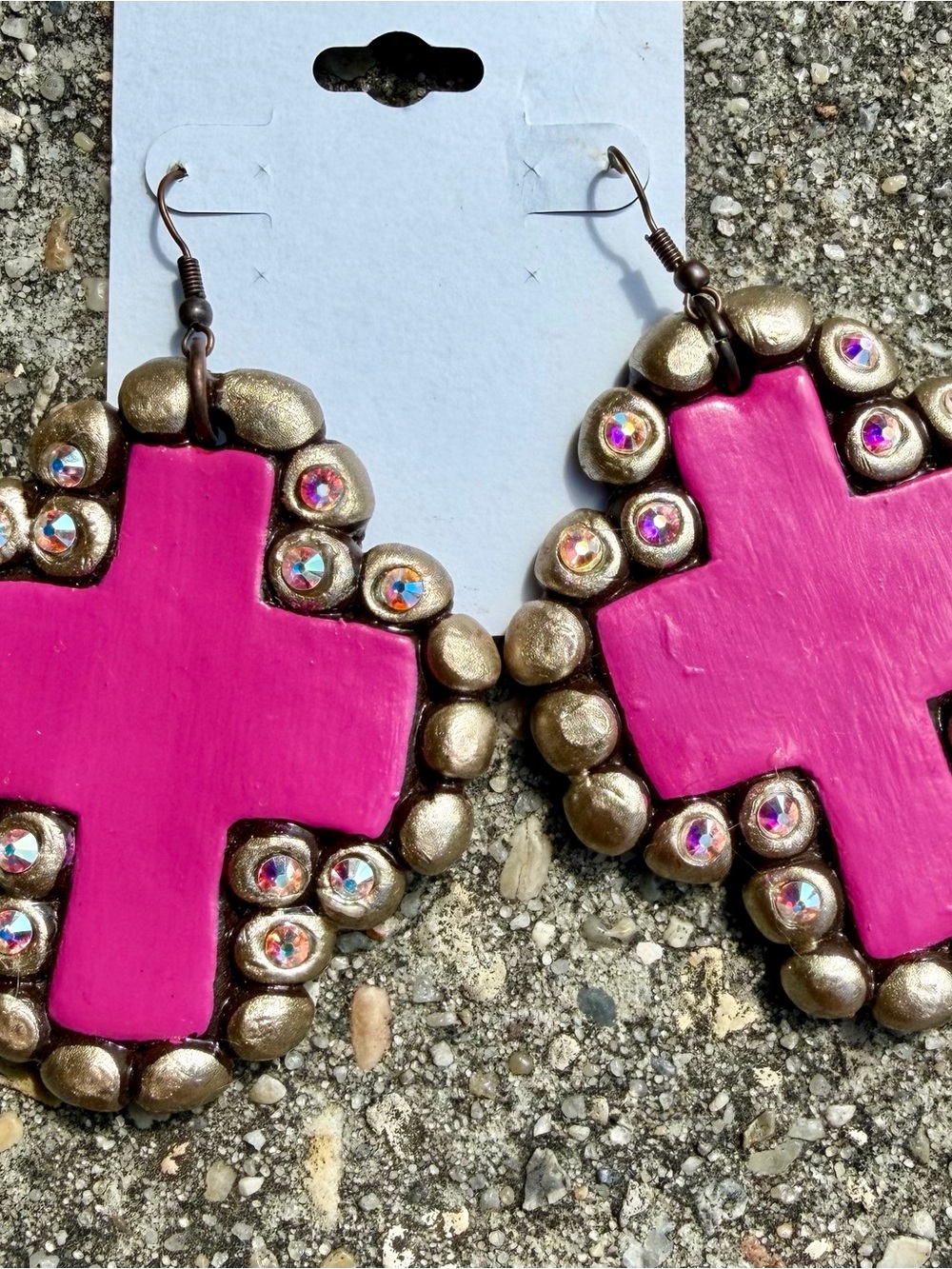 Giddy Up Glamour Clay Pink Cross Drop Earrings W/ Gold Accents & Rhinestones